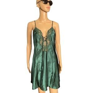 Vintage Fredericks of Hollywood Dress M Green Lace Mini Lingerie Slip Strappy